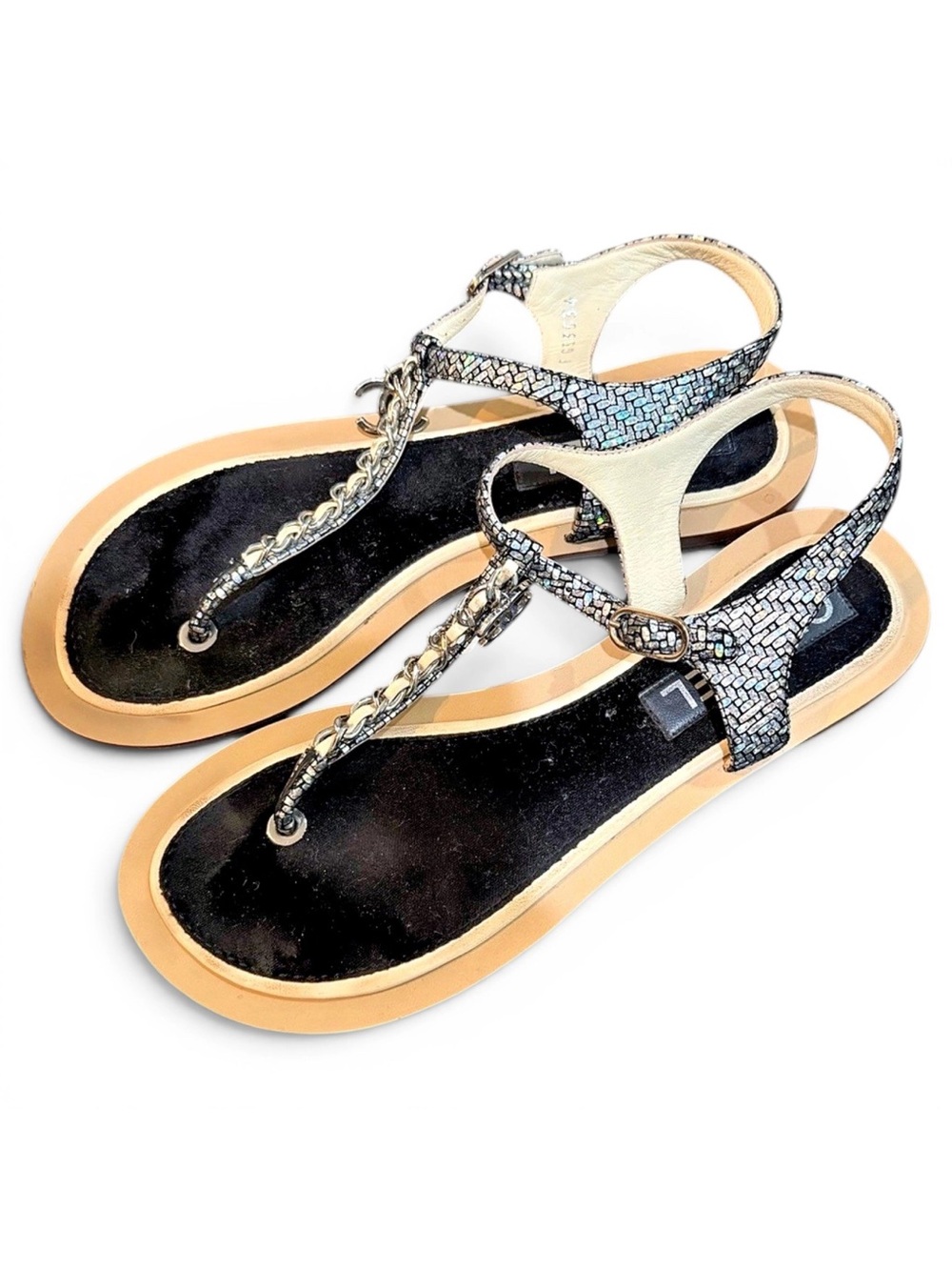 Authentic Chanel Silver/Ivory leather thong sandals